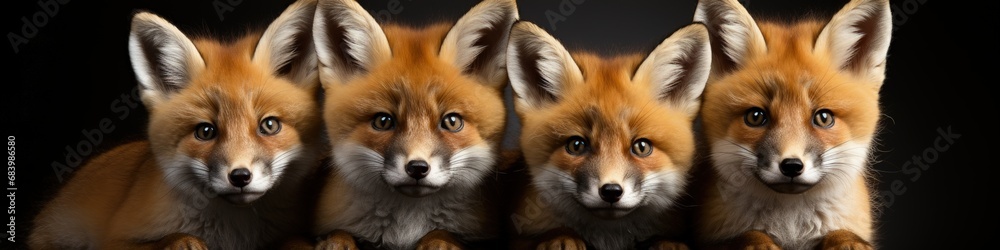 Four Majestic Red Foxes Against a Dramatic Black Background