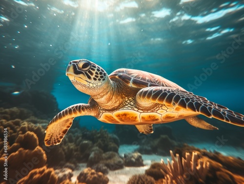 Explore the Majestic Journey of a Green Sea Turtle Across the Sun-Kissed Beach Generative AI