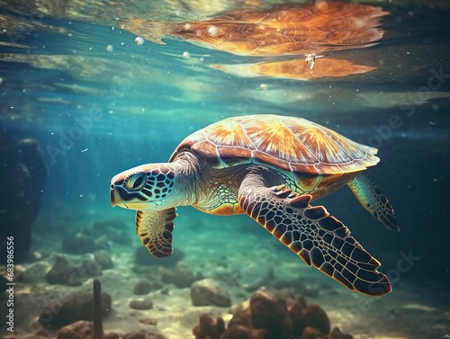 Mesmerizing Journey: A Green Sea Turtle's Stunning Swim Along the Beach Generative AI © monsifdx
