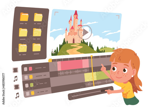 Sound engineer girl editing audio in fairy tale. Sound editor kid person working with records files in software application. Audio media production technology concept flat vector illustration