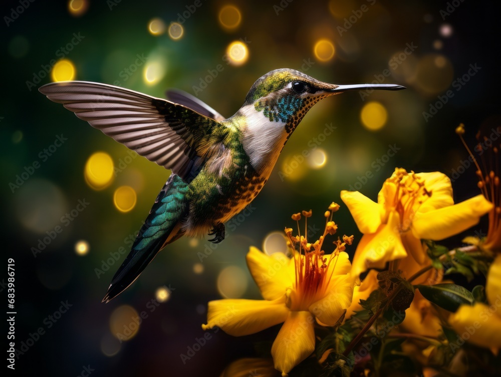 Naklejka premium Mesmerizing Dance of a Hummingbird: An Intimate Encounter with Nature's Aerial Acrobat Generative AI