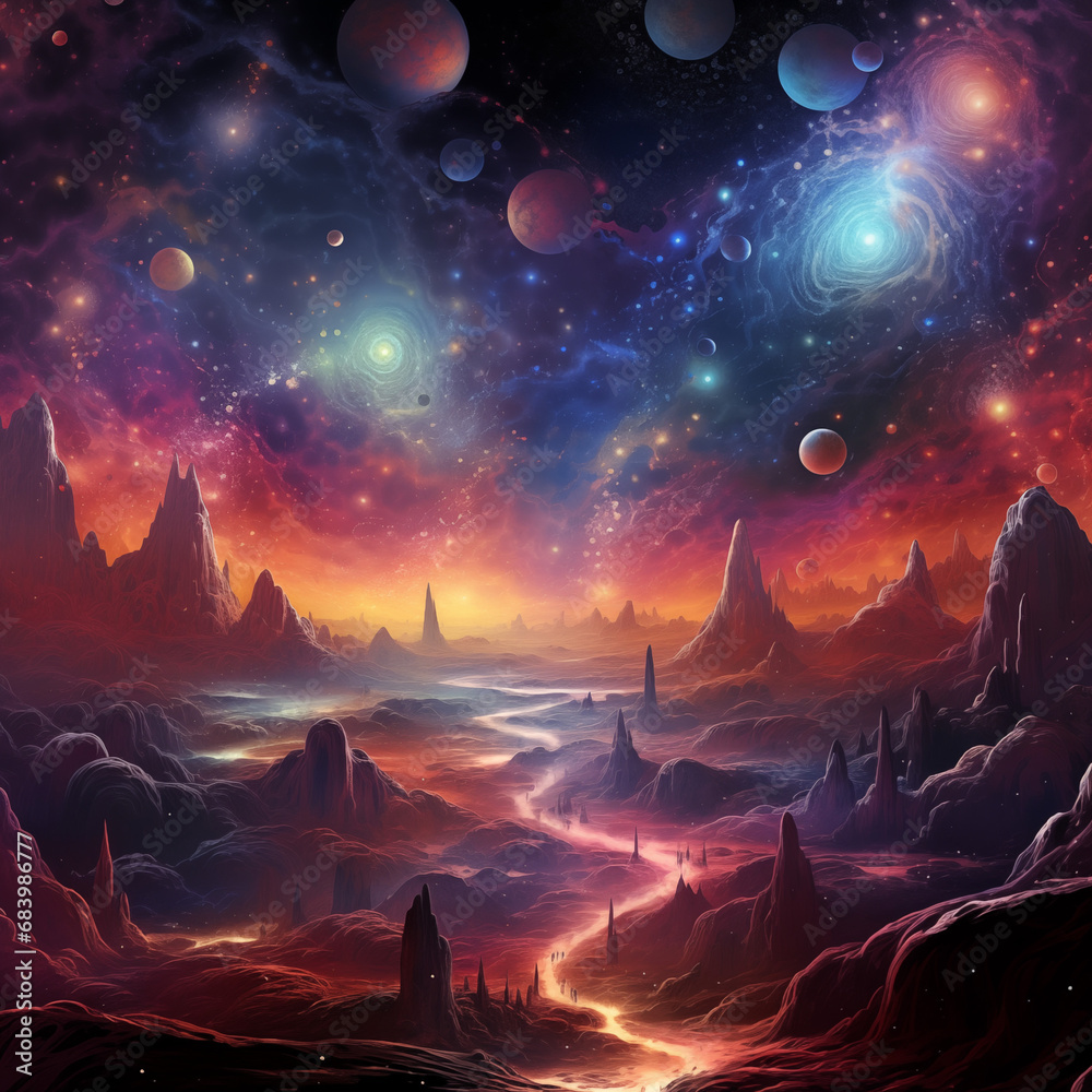 space art trippy colorful planet landscape illustraion with stars, planets and nebulas night sky