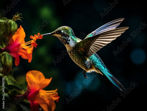 Mesmerizing Dance: Captivating Snapshot of a Hummingbird Mid-Flight by a Vibrant Yellow Blossom Generative AI © monsifdx