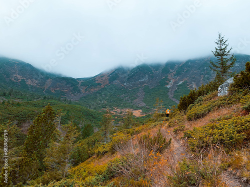 Tourist walking on mountain trail. Healthy lifestyle hiker people going in mountains © voffka23