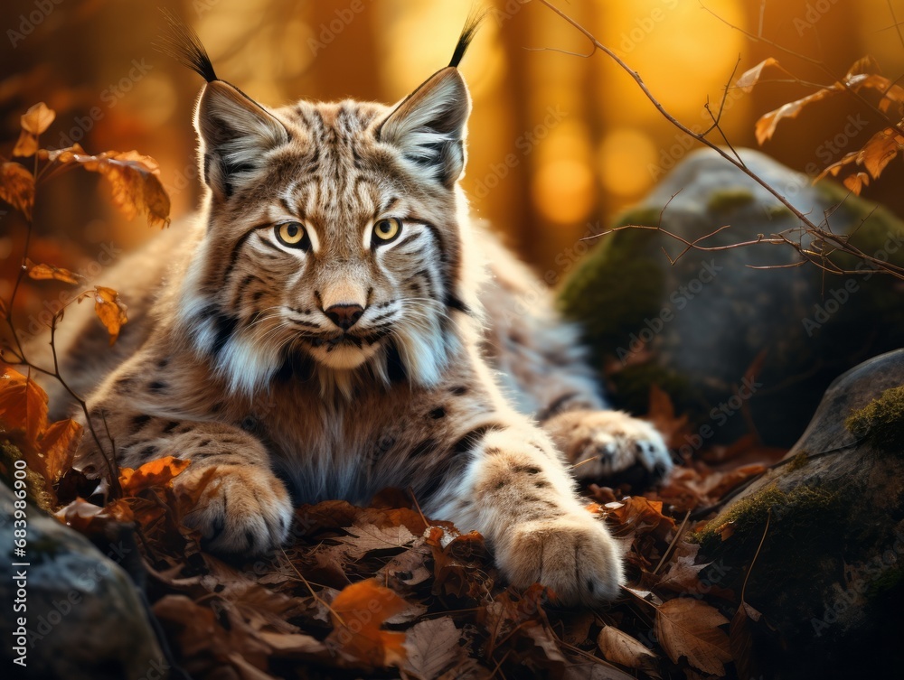 Mesmerizing Encounter: Captivating Lynx Rests Serenely in Its Natural Woodland Habitat Generative AI Mesmerizing Encounter: Captivating Lynx Rests Serenely in Its Natural Woodland Habitat Generative AI