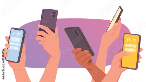 Hands holding mobile phones set. Diverse hands using smartphone digital devices with message app interface on touch screens. Wireless cellphone gadgets technology collection flat vector illustration