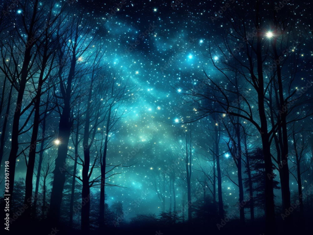 Magical Night: Discover a Spectacular Symphony of Stars Dancing Over the Whispering Trees Generative AI