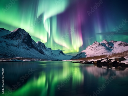 Breathtaking Aurora Borealis Over Norway's Mountain Lake - Witness Nature's Magical Display Generative AI