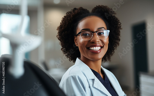 Nice black-skinned female doctor posing at newest dental clinic, copy space