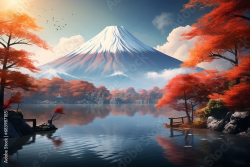 Enchanting Reflection of Majestic Mt. Fuji Amongst Autumn Hues: A Captivating Spectacle! Generative AI