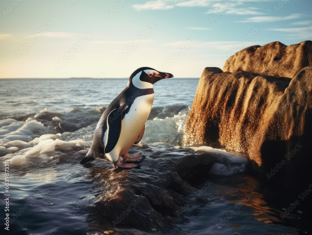 Experience the Thrilling Majesty: A Lone Penguin Against Nature's Might Generative AI