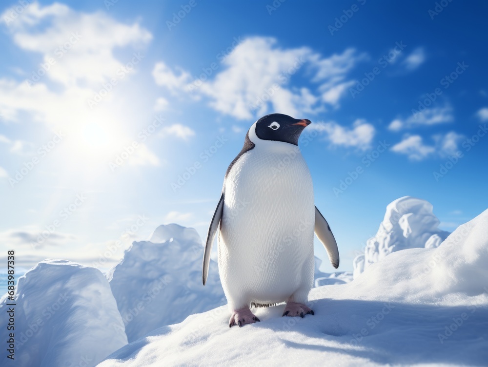 Obraz premium Emperor Penguin Rules the Icy Peaks: An Antarctic Odyssey Generative AI