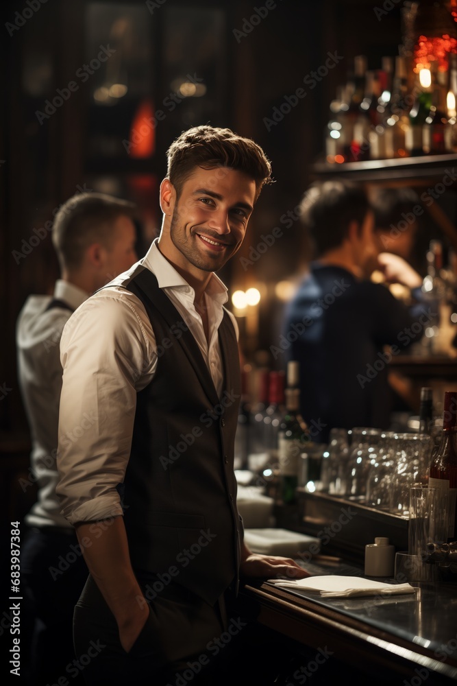 Portrait of a young man working as a bartender in a restaurant.
