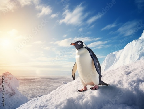 Unveiling the Arctic Majesty  Solo Penguin Dominating the Snowscape Generative AI