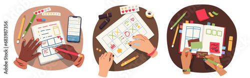 Hands writing plan notes stickers set. Top view of business person hands work planning tasks and pen, pencil, notebook, paper office supplies. Time management, diary, planner flat vector illustration