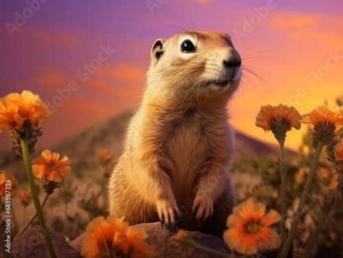 Enthralling Moment: Adorable Prairie Dog Standing Tall Amidst Blooming Splendor! Generative AI