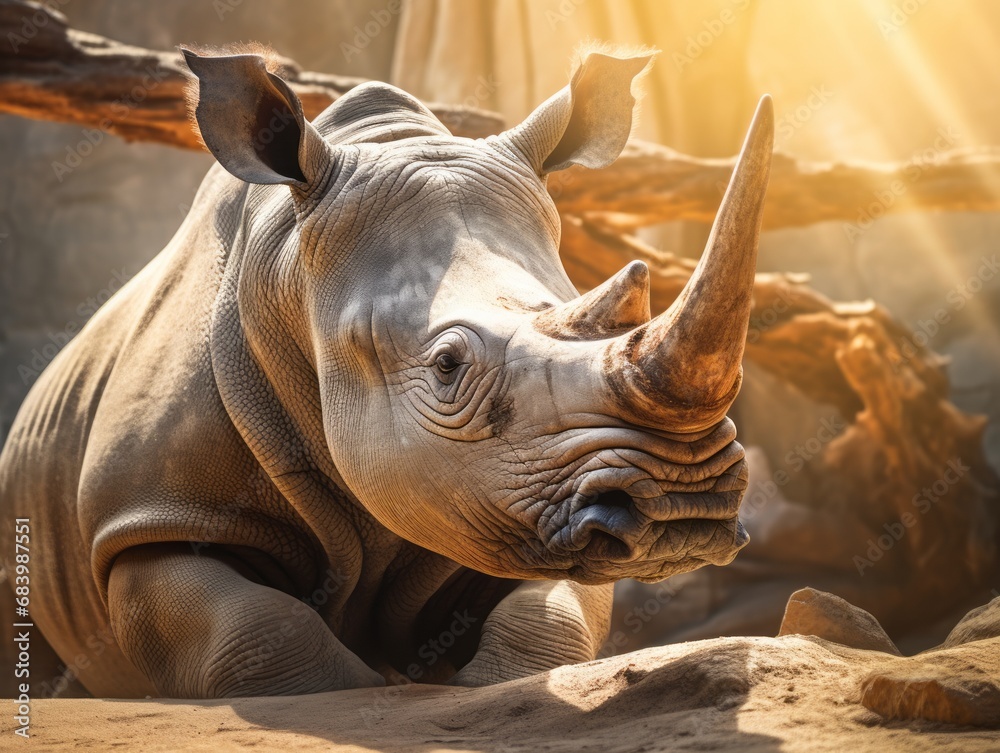 Fototapeta premium Stunning Snapshot: Basking Rhinoceros Illuminated in Sunlight at Renowned Zoo! Generative AI