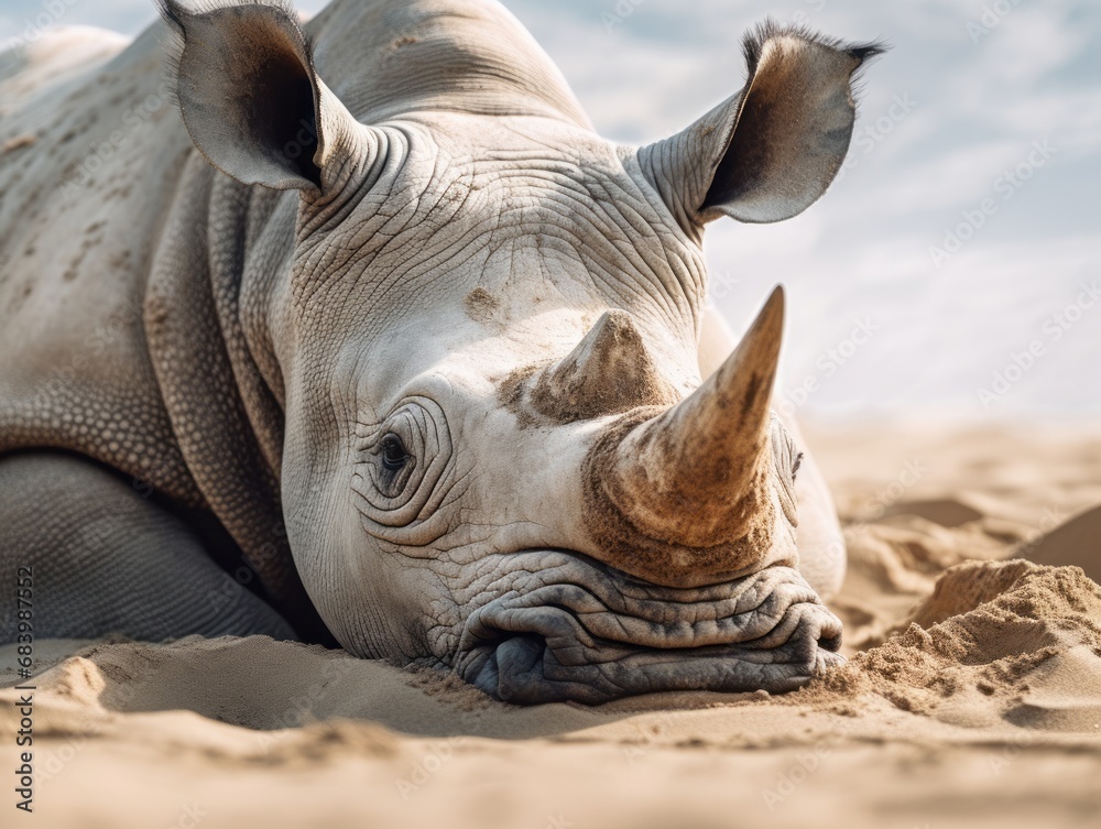 Fototapeta premium Stunning Glimpse into the Daily Life of a Rhinoceros Resting in Sand - A Must-See! Generative AI