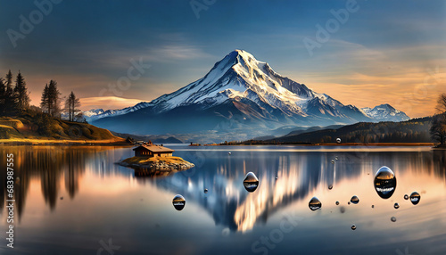 illustration d'un paysage de montagne représenté par une montagne enneigée avec un lac et une forêt  © emmanuel