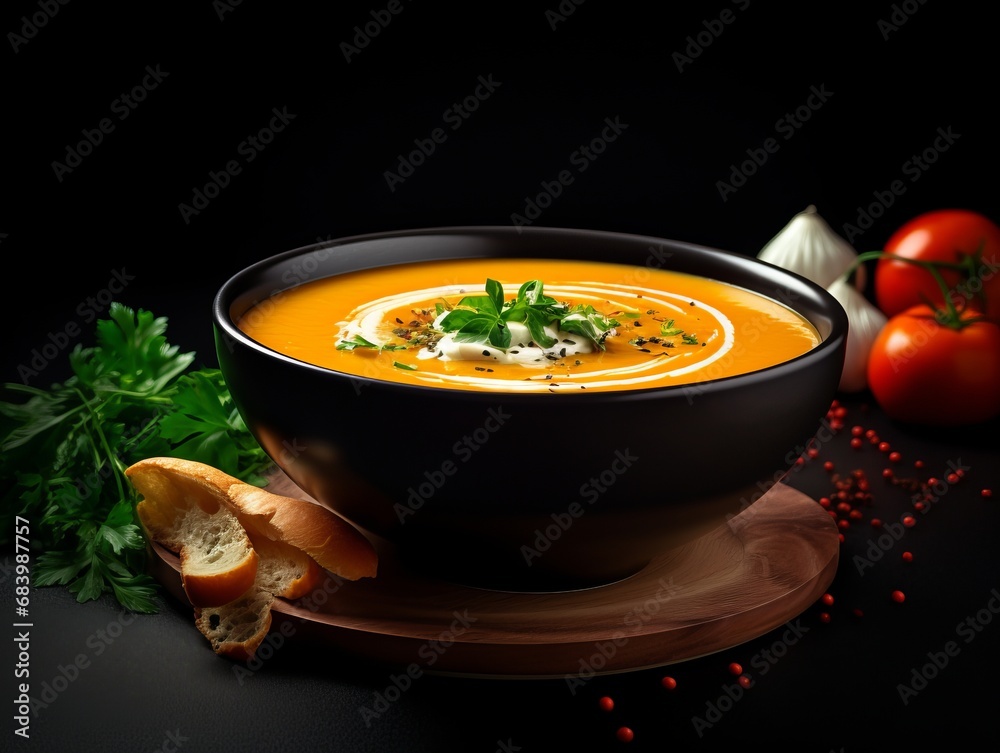 Exotic Delight: Indulge in a Spiced Soup Extravaganza Against a Stylish Black Backdrop! Generative AI