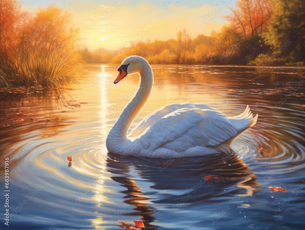 Fototapeta premium Graceful Solitude: Captivating Swan's Lake Swim Against Breathtaking Background Generative AI