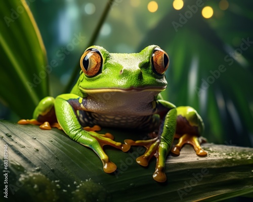 Unveiling the Mesmerizing Beauty: Tree Frog Perched on Green Amid Tephritidae Swarm Generative AI