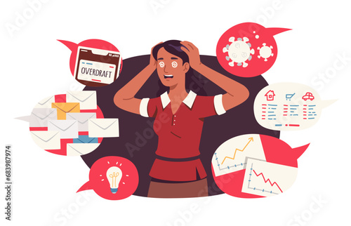 Person having information overload problem. Busy business woman in stress tired of many different messages, news and info pressure. Multitasking, knowledge excess concept flat vector illustration