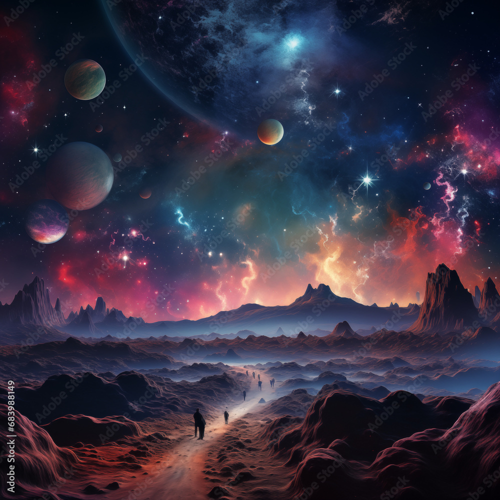space art trippy colorful planet landscape illustraion with stars, planets and nebulas night sky