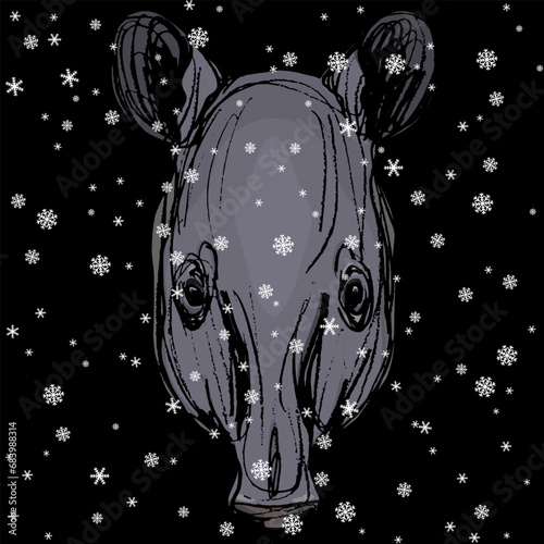 Seasonal winter animal design. Tapir head under snowflakes. Hand drawn colorful rough sketch. On black background.