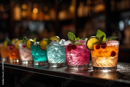 Colorful cocktails on a bar counter in a nightclub, close-up