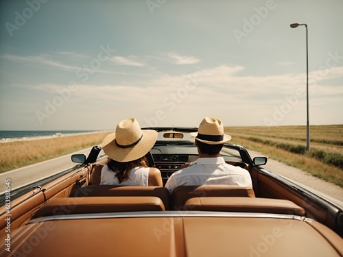 S young beautiful couple driving a convertible cabriolet car on a highway in summer vacation at a sea beach. wearing straw hats. pov from behind. sunny weather.
