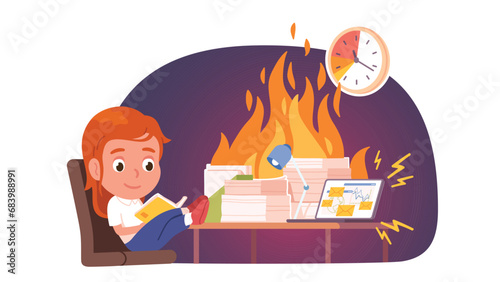 Lazy girl procrastinating close to deadline. Calm business person kid postpone work relaxing late at office desk with papers on fire. Procrastination, deadline crisis concept flat vector illustration
