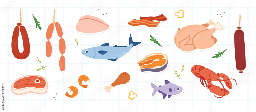 Meat, chicken food and fish seafood set. Fresh beef steak, raw salmon, poultry, bacon, sausages collection. Supermarket shop protein products, dinner cooking ingredients flat vector illustration