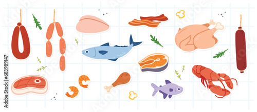 Meat, chicken food and fish seafood set. Fresh beef steak, raw salmon, poultry, bacon, sausages collection. Supermarket shop protein products, dinner cooking ingredients flat vector illustration