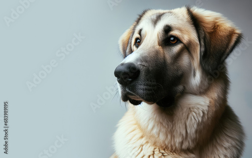 Portrait of a Turkish Kangal Shepherd Dog on a light gray background. Copy space for text, advertising, message, logo photo