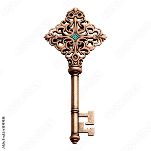 an antique bronze Key with ornamenting on a transparent background