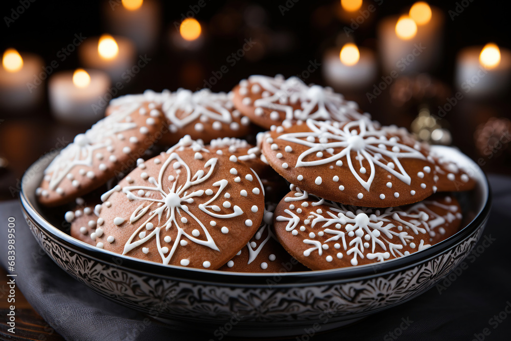 Christmas gingerbread cookies with beautiful patterns, New Year's atmosphere. Top view. Generative AI. Christmas gingerbread cookies with beautiful patterns, New Year's atmosphere. Top view. Generative AI.