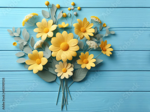 Yellow flowers against a background of blue wooden planks. Simple design © CFK