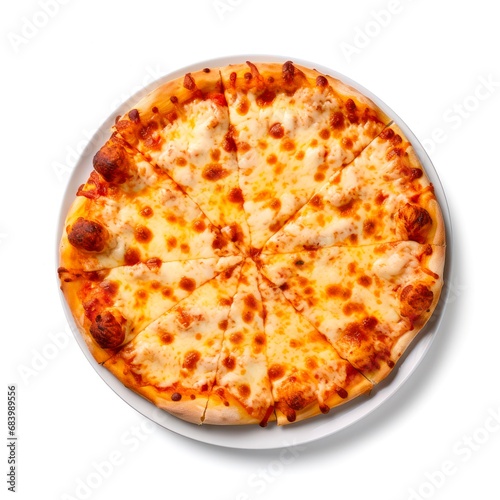 Top view of cheese pizza on white background.