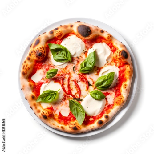 Top view of Margherita pizza on white background.
