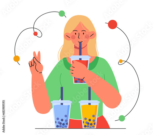 Woman drink tea bubble vector