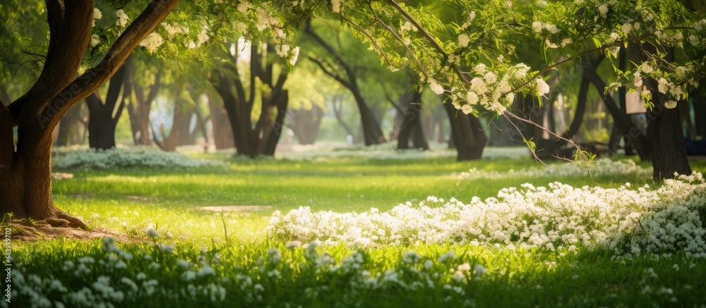 Obraz premium In the midst of a lush forest, a white flower bloomed elegantly amidst the vibrant green leaves, creating a picturesque scene of nature's design in the heart of summer. The floral garden was filled