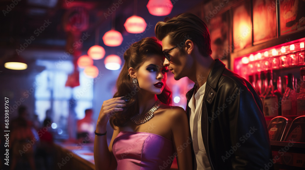 Retro couple in vintage rock n roll bar with neon signs. Boyfriend in black leather jacket and brunette girlfriend in pink dress in a date in the club. - obrazy, fototapety, plakaty 
