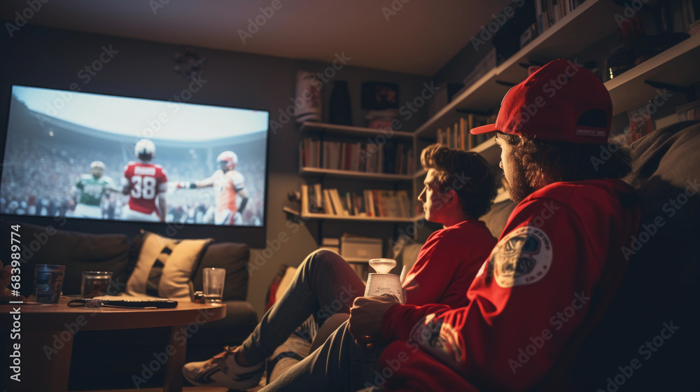 Friends watching sports on TV. American football fans in red shirts in dark apartment.