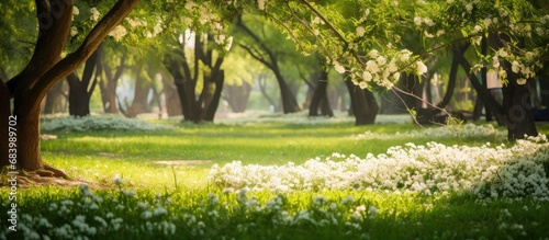 In the midst of a lush forest, a white flower bloomed elegantly amidst the vibrant green leaves, creating a picturesque scene of nature's design in the heart of summer. The floral garden was filled