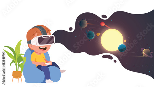 Boy kid in virtual reality or VR headset device. Happy child person wearing using VR goggles simulation technology. Entertainment fun, cyberspace future innovation concept flat vector illustration