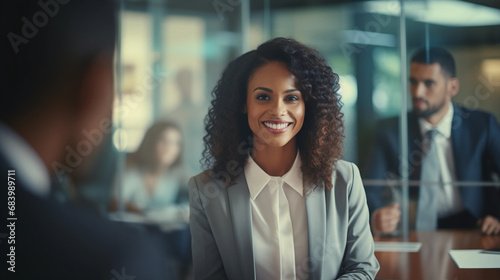 Black African American woman at job interview. Smiling lady searching for perfect candidate. Corporative banking office with smiling employee. Concept of diversity, equity, inclusion and belonging. photo