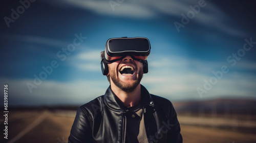 Man outdoors with virtual reality glasses in nature. Smiling guy with VR headset in countryside farm field. © Billijs