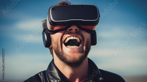 Happy white caucasian man with virtual reality googles. 30 year old guy with beard. photo