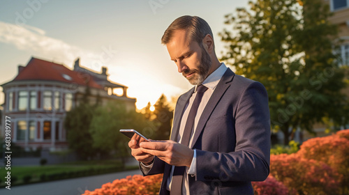 Real estate agent texting in front of luxury home. Businessman in suit with tie using phone outdoors. Successful man in 40s writing message to client at sunset in summer.